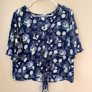 Y2K Apt 9 Navy Floral Print Tie Front Flutter Sleeve Top PM Cropped Boho Garden